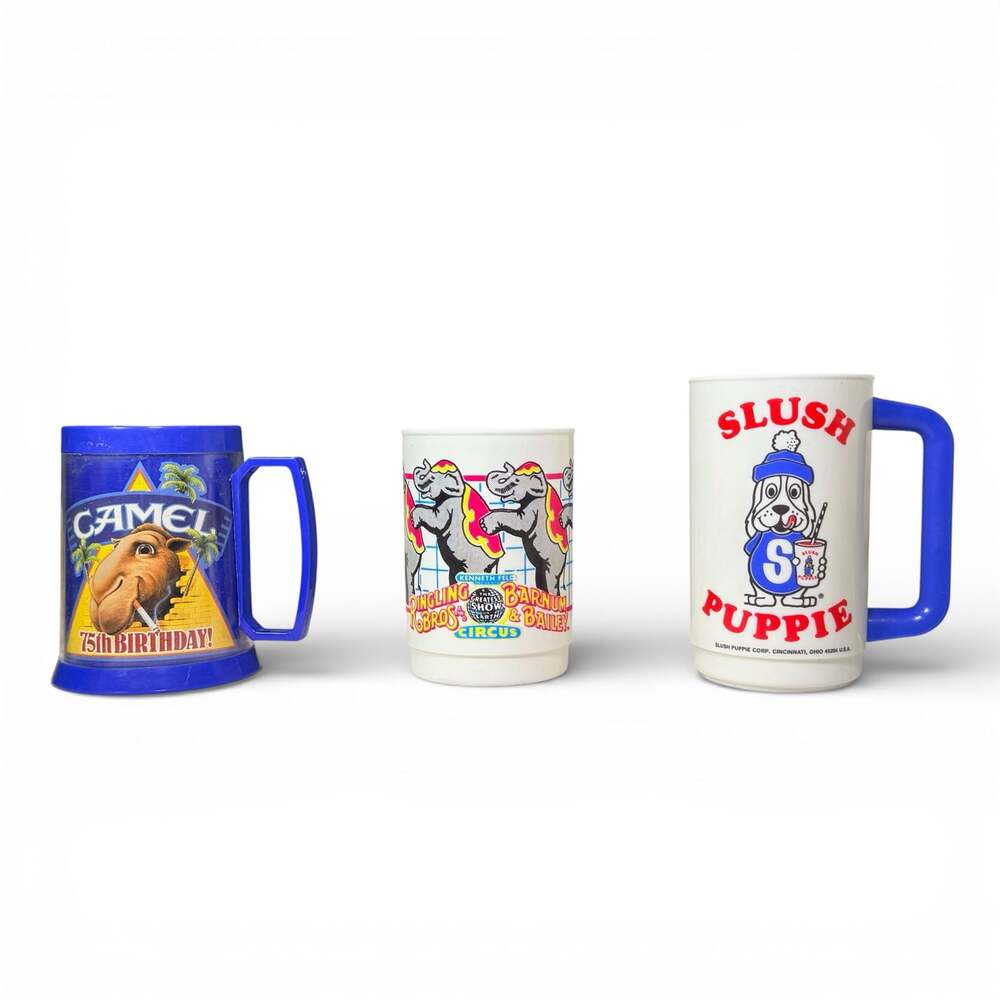 Lot 3 Vintage Advertising Mugs Camel 75th, Ringling Bros Circus, Slush Puppie